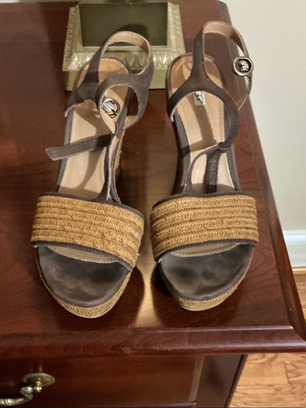 UGG Brown Raffia Wedge Sandals with Ankle Strap